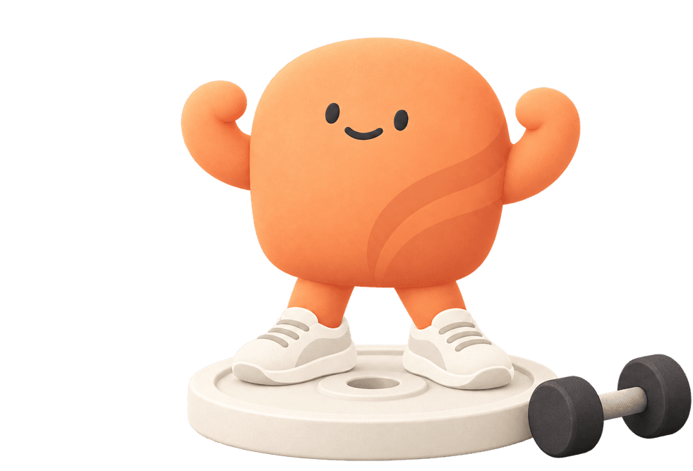 The Muscle Memory mascot flexing on a weight plate
