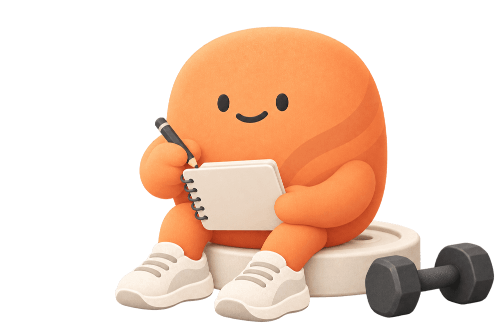 The Muscle Memory mascot planning a workout