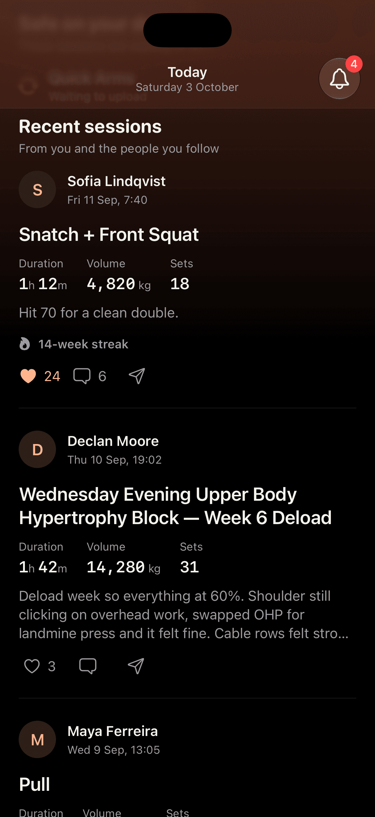 Feed of friends' sessions with likes and comments