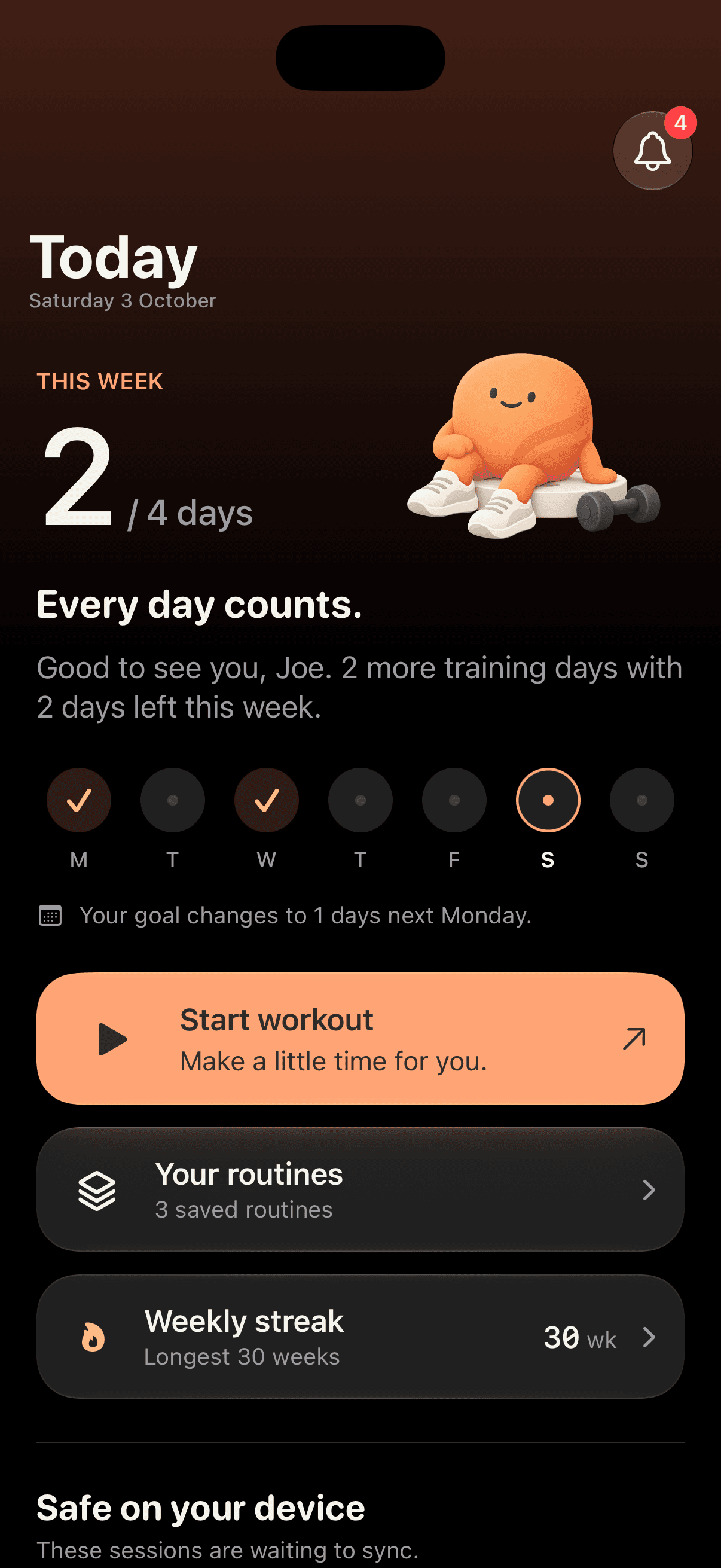 Today screen with this week's training days and streak