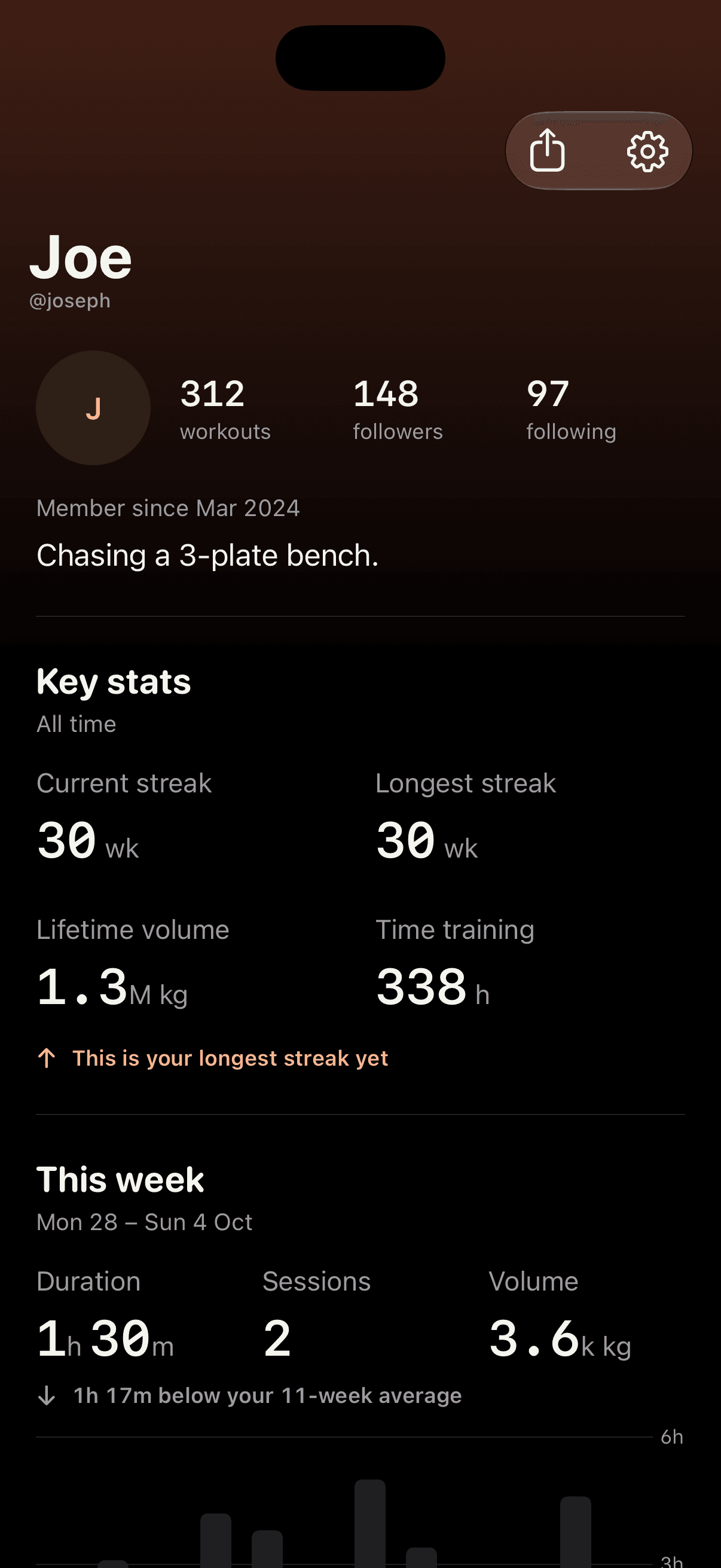 Profile with all-time stats and this week's training