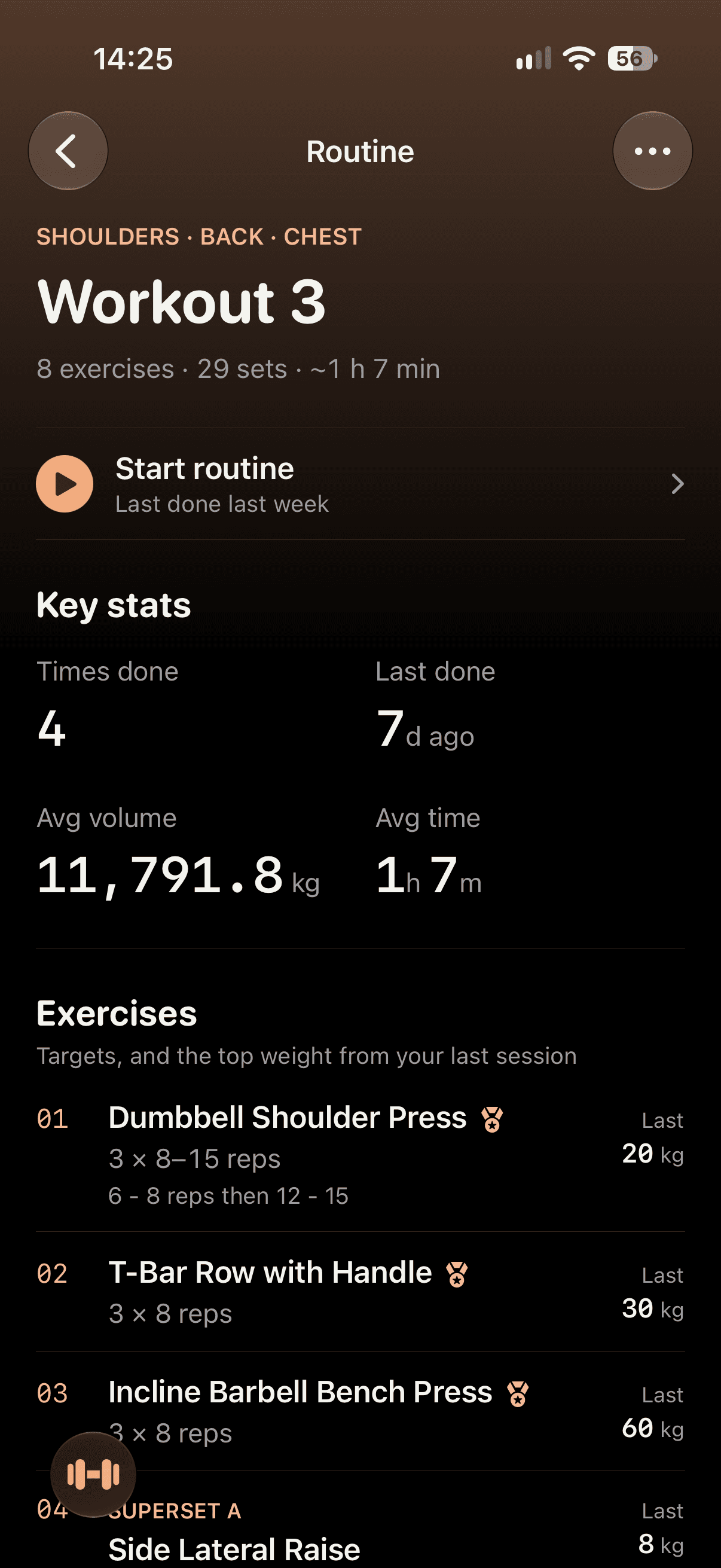 Routine with its key stats and last session's weights